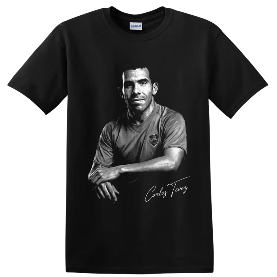 Carlos Tevez grayscale soccer portrait with signature-style text on a Black T Shirt