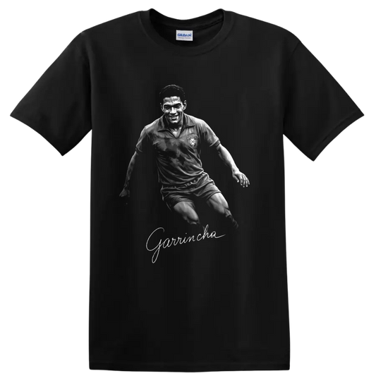 Garrincha dribbling soccer portrait in textured black-and-white vintage sports art on a Black T Shirt
