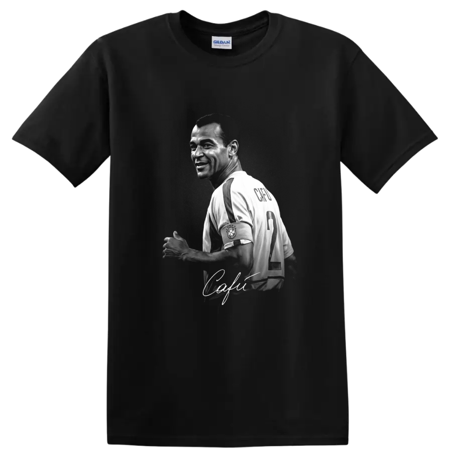 Monochrome Cafu Brazil captain portrait with number 2 jersey and signature-style script on a Black T Shirt
