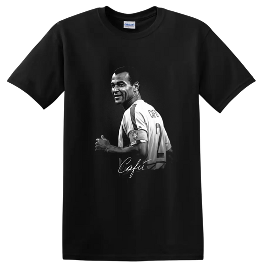 Monochrome Cafu Brazil captain portrait with number 2 jersey and signature-style script on a Black T Shirt