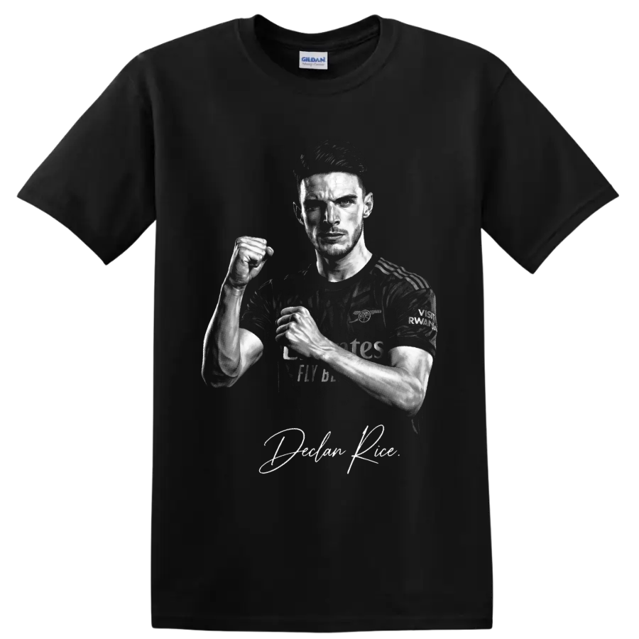 Declan Rice Arsenal soccer portrait with raised fist and signature-style text on a Black T Shirt