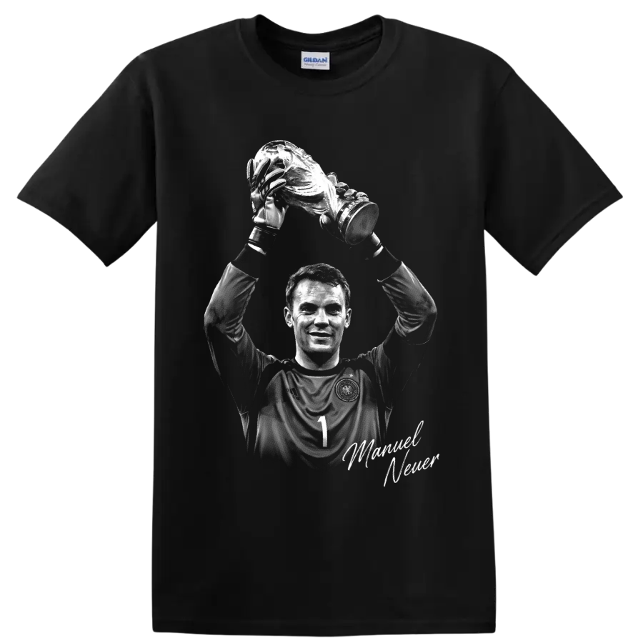 Manuel Neuer grayscale goalkeeper portrait raising a trophy with signature on a Black T Shirt