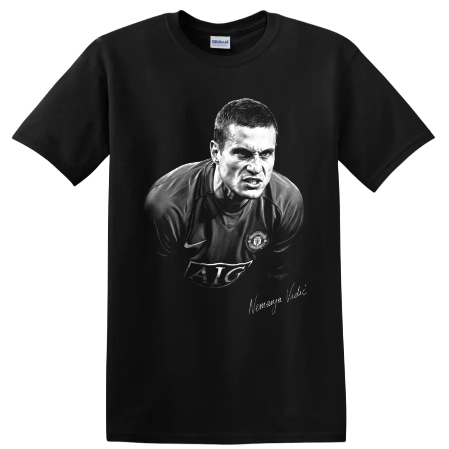 Nemanja Vidic Manchester United defender in intense monochrome portrait artwork on a Black T Shirt