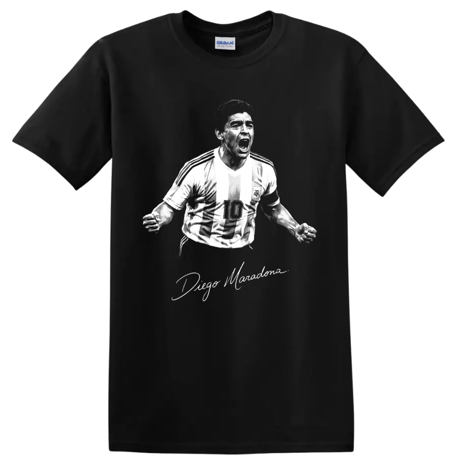 Diego Maradona roaring in a striped number 10 jersey, monochrome portrait and signature on a Black T Shirt