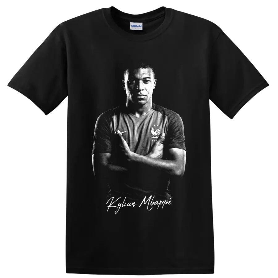 Kylian Mbappé France soccer portrait with dramatic monochrome lighting and signature text on a Black T Shirt