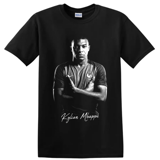 Kylian Mbappé France soccer portrait with dramatic monochrome lighting and signature text on a Black T Shirt
