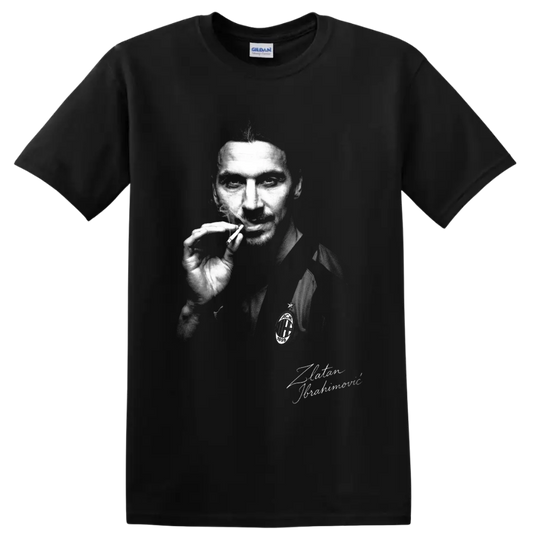 Zlatan Ibrahimović monochrome soccer portrait with smoke and signature-style lettering on a Black T Shirt