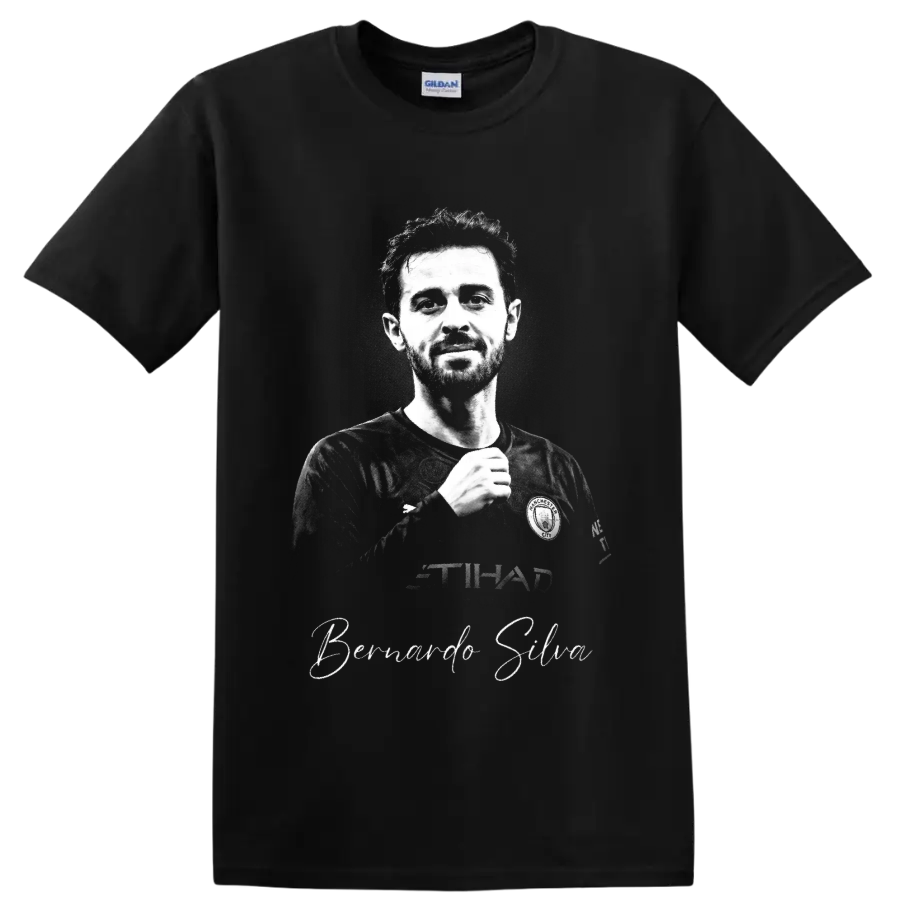 Bernardo Silva Manchester City monochrome soccer portrait with signature-style name on a Black T Shirt