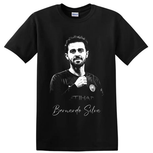 Bernardo Silva Manchester City monochrome soccer portrait with signature-style name on a Black T Shirt