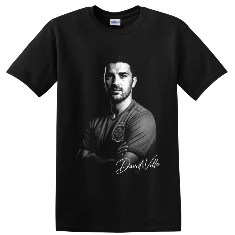 David Villa Spain soccer portrait in dramatic monochrome with signature-style lettering on a Black T Shirt