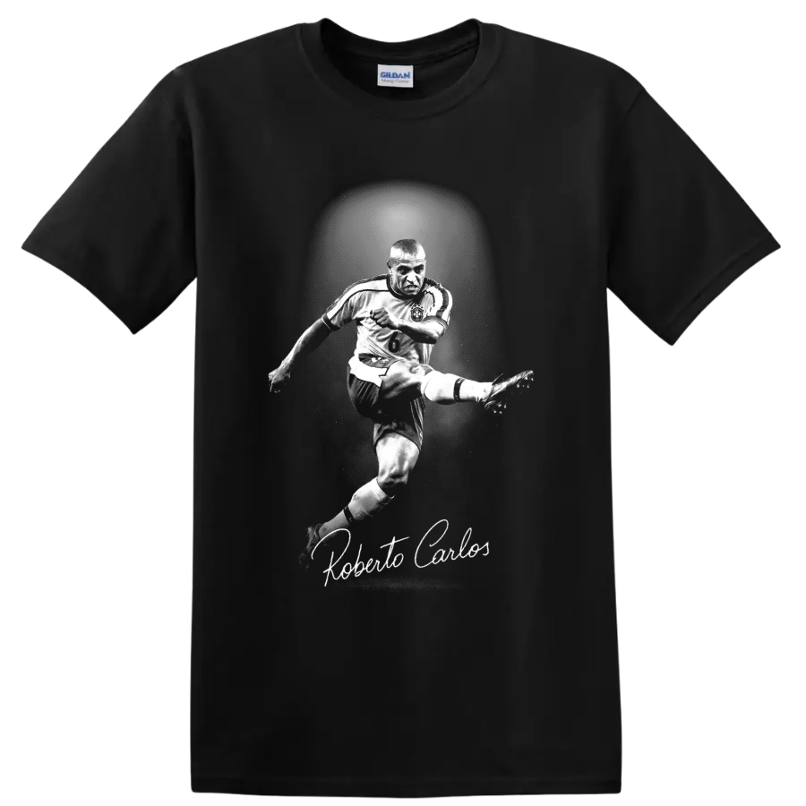 Roberto Carlos mid-kick soccer portrait with number 6 jersey and script signature on a Black T Shirt