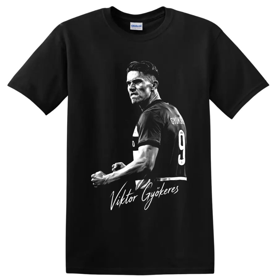 Viktor Gyökeres monochrome soccer portrait with number 9 jersey and script name on a Black T Shirt