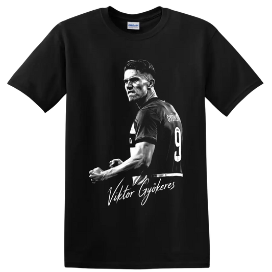 Viktor Gyökeres monochrome soccer portrait with number 9 jersey and script name on a Black T Shirt