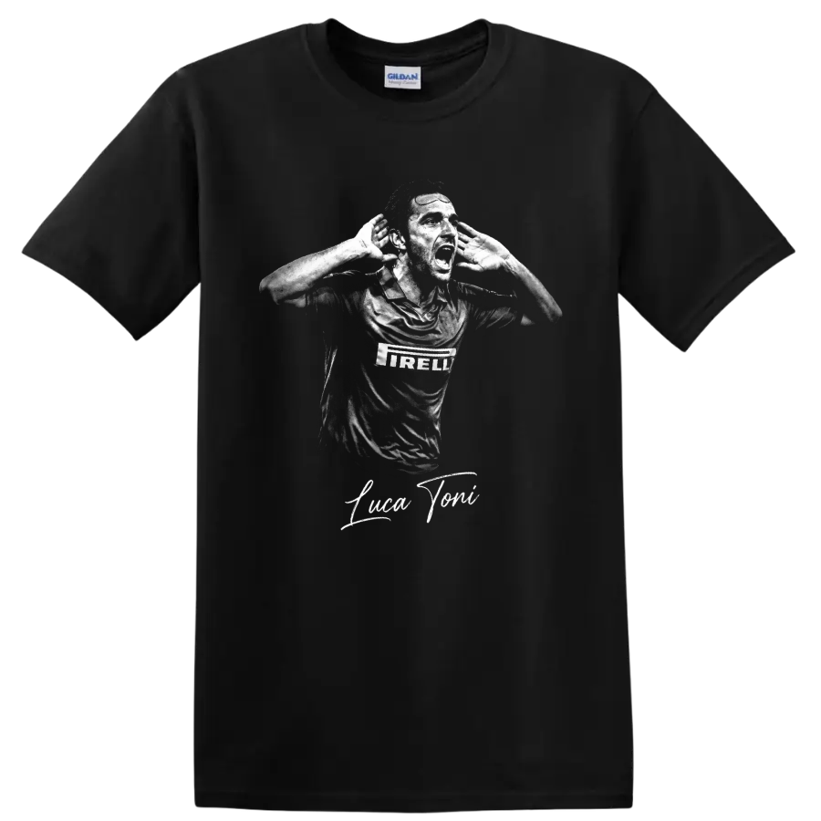 Luca Toni monochrome hands-to-ears soccer portrait with signature lettering on a Black T Shirt