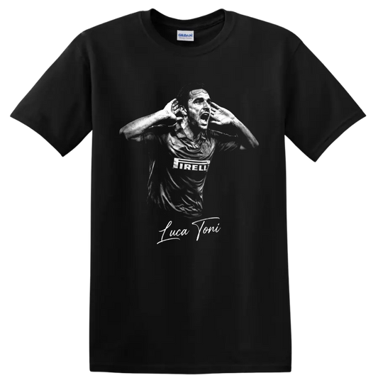 Luca Toni monochrome hands-to-ears soccer portrait with signature lettering on a Black T Shirt
