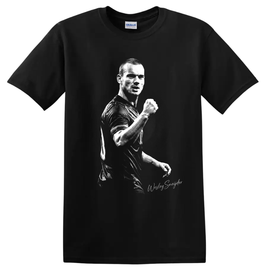 Wesley Sneijder raised-fist soccer portrait in gritty black-and-white style on a Black T Shirt