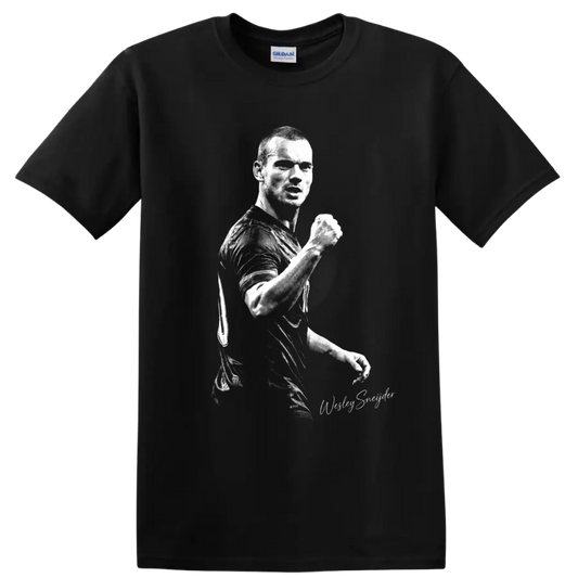 Wesley Sneijder raised-fist soccer portrait in gritty black-and-white style on a Black T Shirt