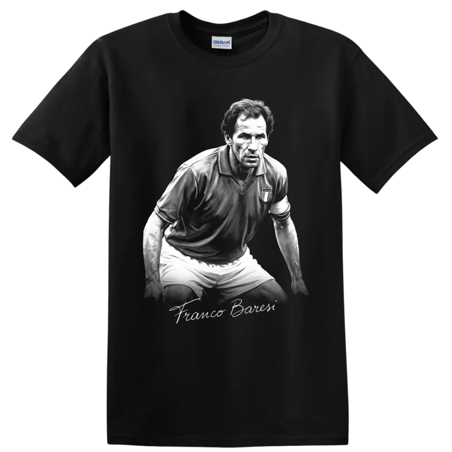 Franco Baresi grayscale soccer defender portrait with signature-style lettering on a Black T Shirt