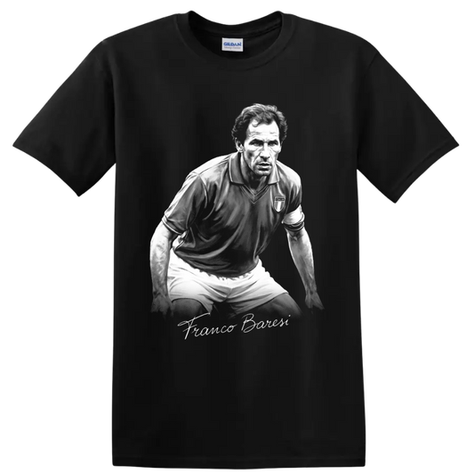 Franco Baresi grayscale soccer defender portrait with signature-style lettering on a Black T Shirt