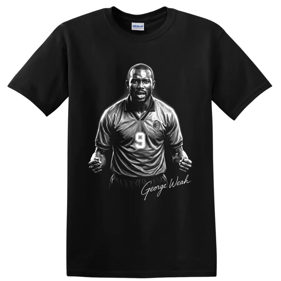George Weah AC Milan number 9 monochrome soccer portrait with signature-style text on a Black T Shirt