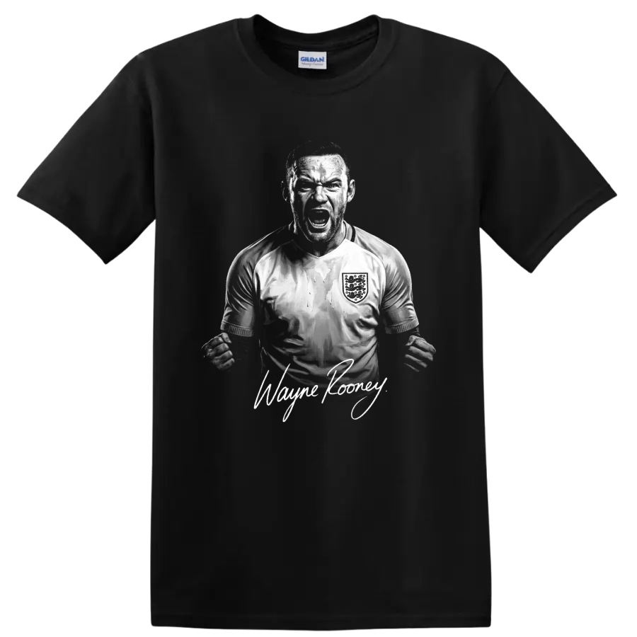 Wayne Rooney England soccer celebration portrait with signature-style name lettering on a Black T Shirt