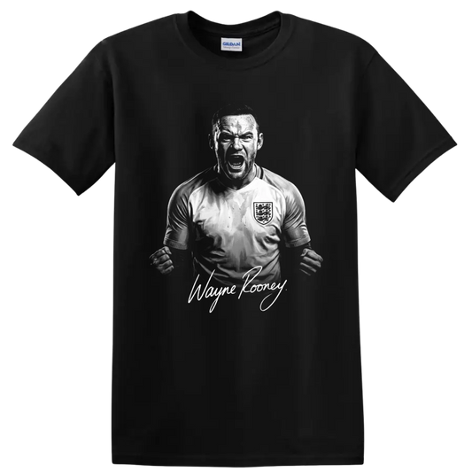Wayne Rooney England soccer celebration portrait with signature-style name lettering on a Black T Shirt