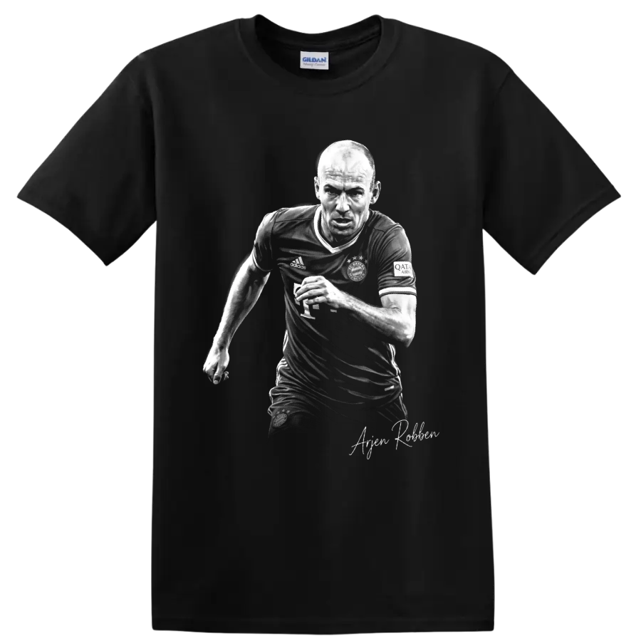 Arjen Robben running soccer portrait in monochrome with signature-style name on a Black T Shirt
