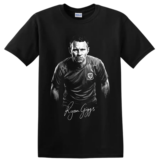 Ryan Giggs monochrome Welsh soccer player portrait with signature-style lettering on a Black T Shirt
