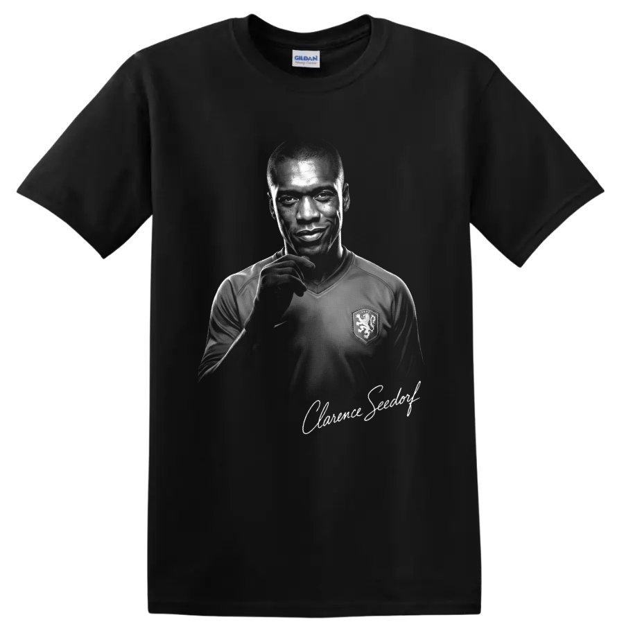 Clarence Seedorf Netherlands soccer portrait in high-contrast monochrome signature art on a Black T Shirt