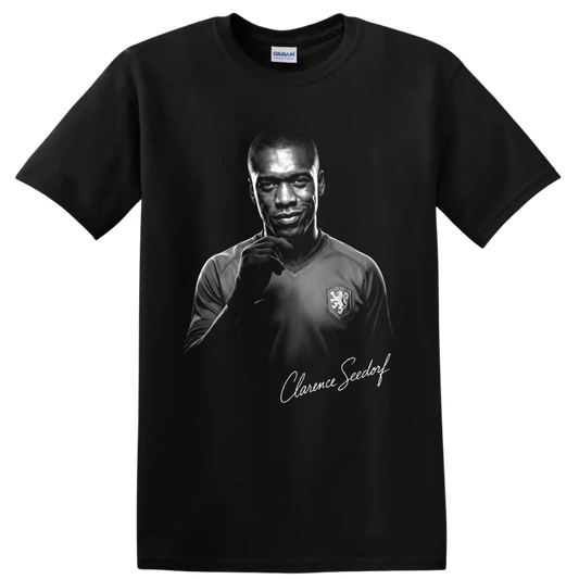 Clarence Seedorf Netherlands soccer portrait in high-contrast monochrome signature art on a Black T Shirt