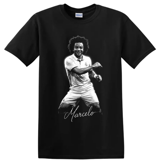 Marcelo Real Madrid soccer player monochrome portrait with signature-style Marcelo script on a Black T Shirt