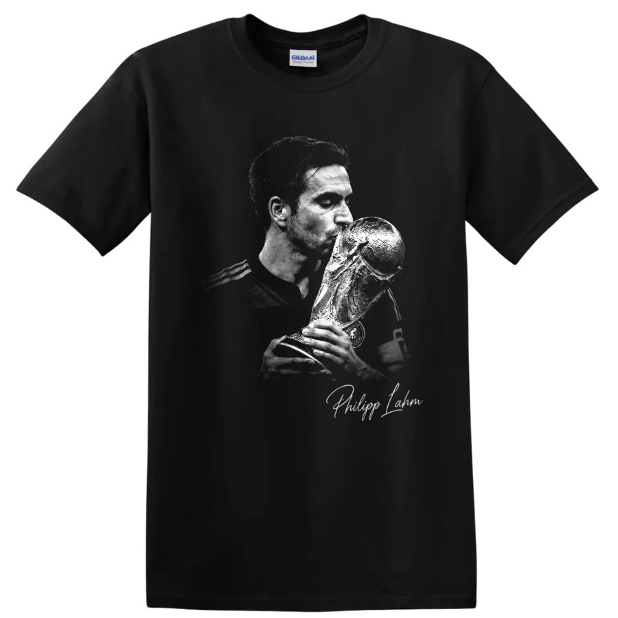 Philipp Lahm monochrome portrait kissing the World Cup trophy with signature text on a Black T Shirt