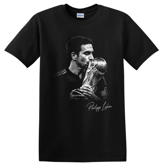 Philipp Lahm monochrome portrait kissing the World Cup trophy with signature text on a Black T Shirt