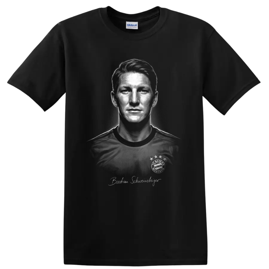 Bastian Schweinsteiger grayscale Bayern Munich soccer portrait with signature-style text on a Black T Shirt