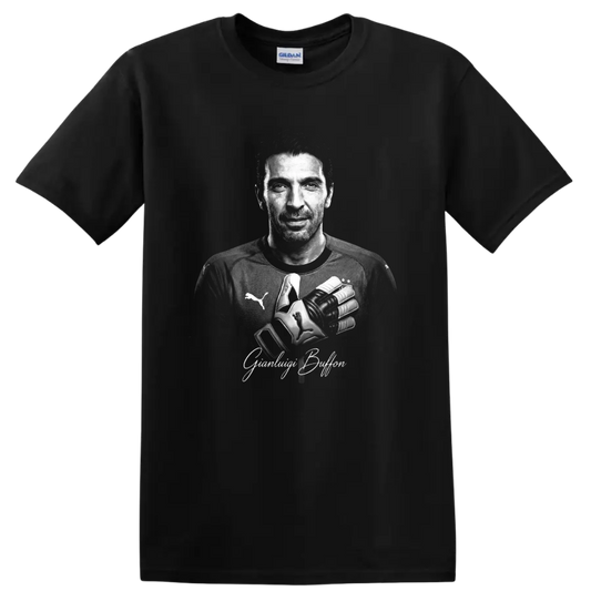 Gianluigi Buffon grayscale goalkeeper portrait with crossed gloves and signature lettering on a Black T Shirt
