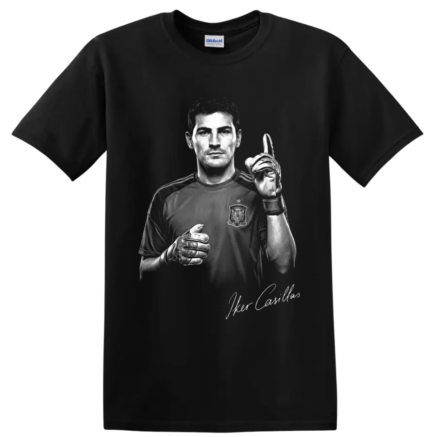 Iker Casillas grayscale goalkeeper portrait with gloves and signature-style lettering on a Black T Shirt