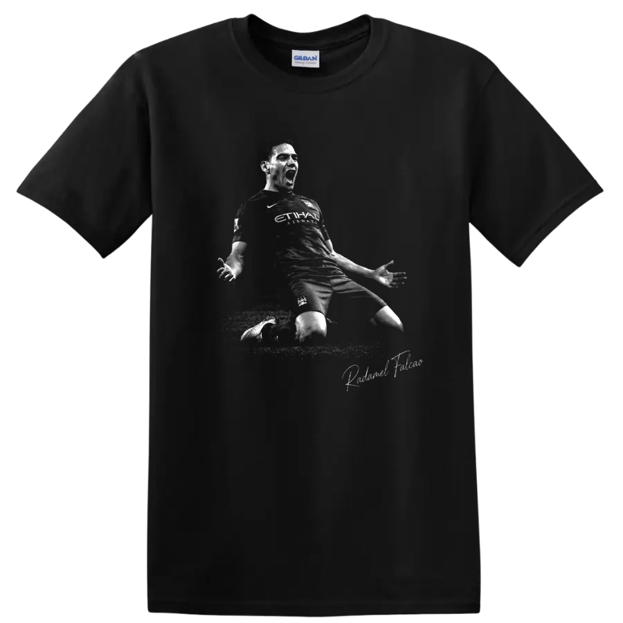 Radamel Falcao knee-slide soccer celebration in distressed black-and-white artwork on a Black T Shirt