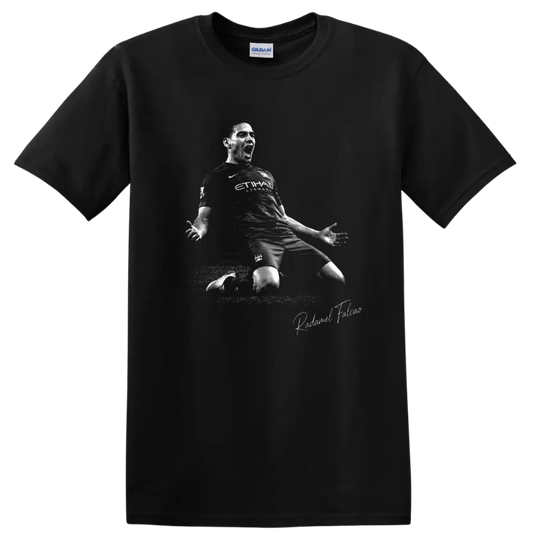 Radamel Falcao knee-slide soccer celebration in distressed black-and-white artwork on a Black T Shirt