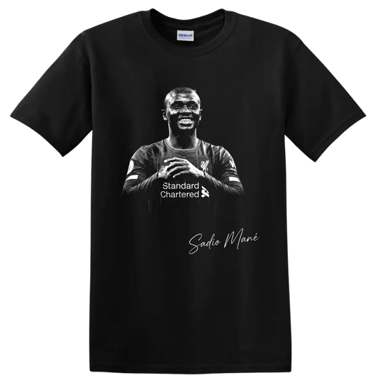 Sadio Mané Liverpool soccer portrait in high-contrast black-and-white with signature on a Black T Shirt