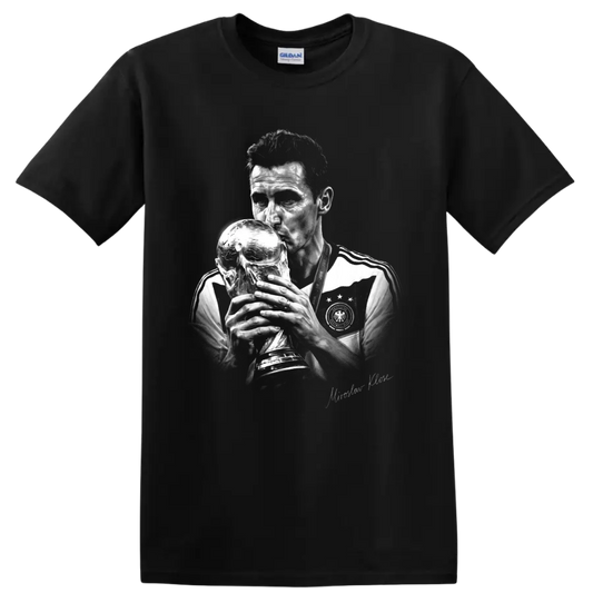 Miroslav Klose grayscale portrait kissing a trophy in a Germany soccer jersey on a Black T Shirt