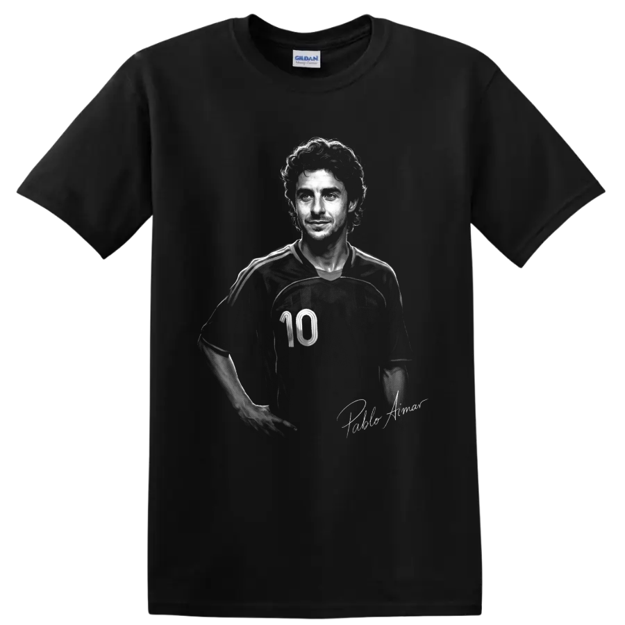 Pablo Aimar monochrome soccer portrait in number 10 jersey with signature-style text on a Black T Shirt