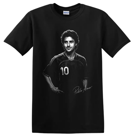 Pablo Aimar monochrome soccer portrait in number 10 jersey with signature-style text on a Black T Shirt