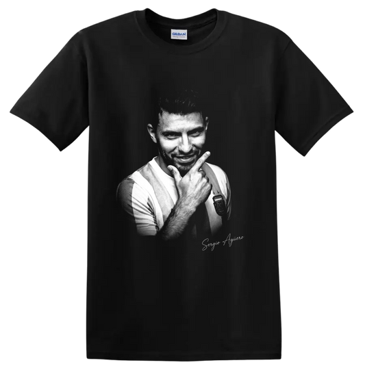 Sergio Agüero Argentina soccer portrait in vintage black-and-white graphic style on a Black T Shirt