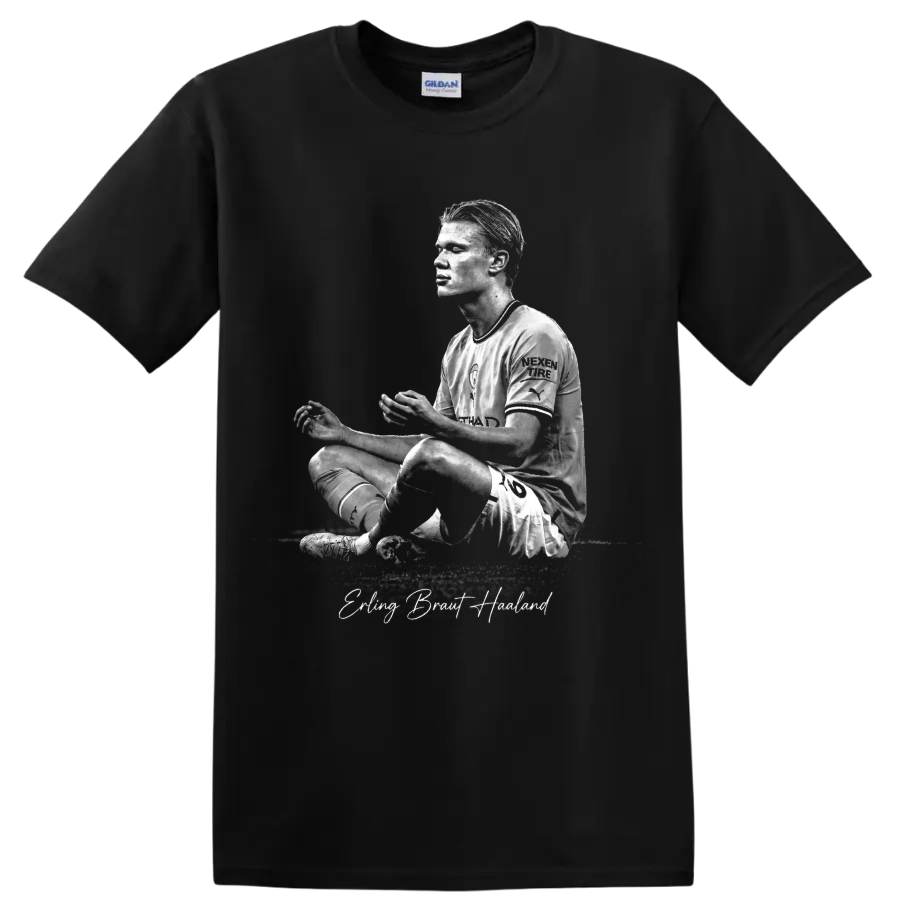 Erling Haaland grayscale seated soccer portrait with signature-style name text on a Black T Shirt