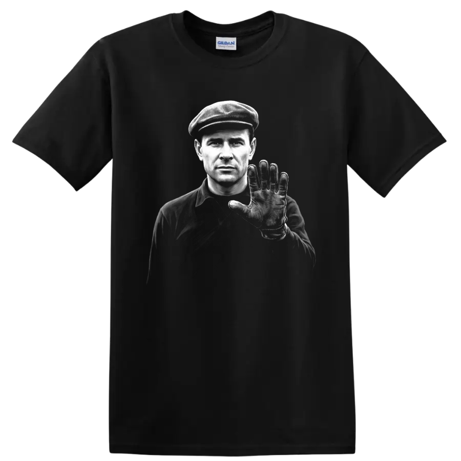 Lev Yashin monochrome goalkeeper portrait in cap with raised gloved hand on a Black T Shirt
