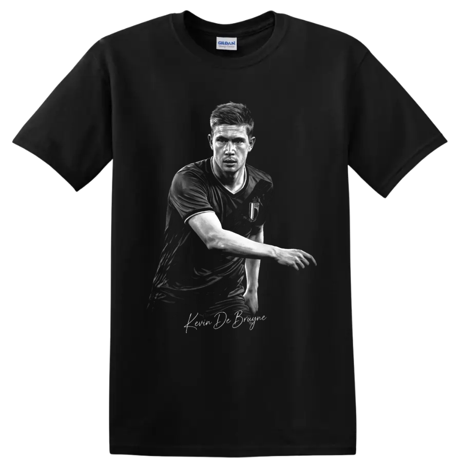 Kevin De Bruyne monochrome Belgium soccer portrait with signature-style lettering on a Black T Shirt