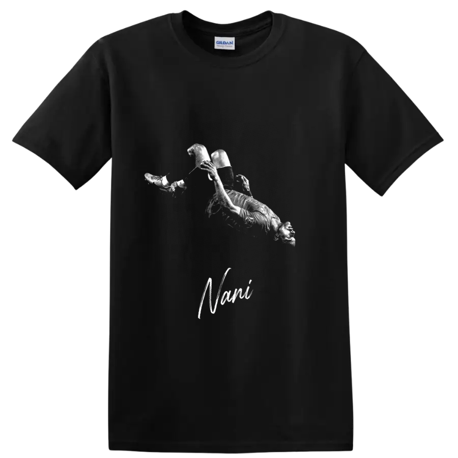 Nani performing a bicycle kick in distressed monochrome soccer artwork on a Black T Shirt