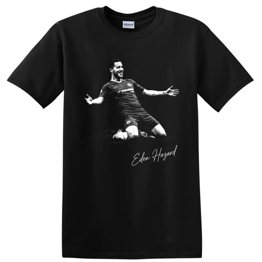 Eden Hazard knee-slide soccer celebration in distressed monochrome with signature detail on a Black T Shirt