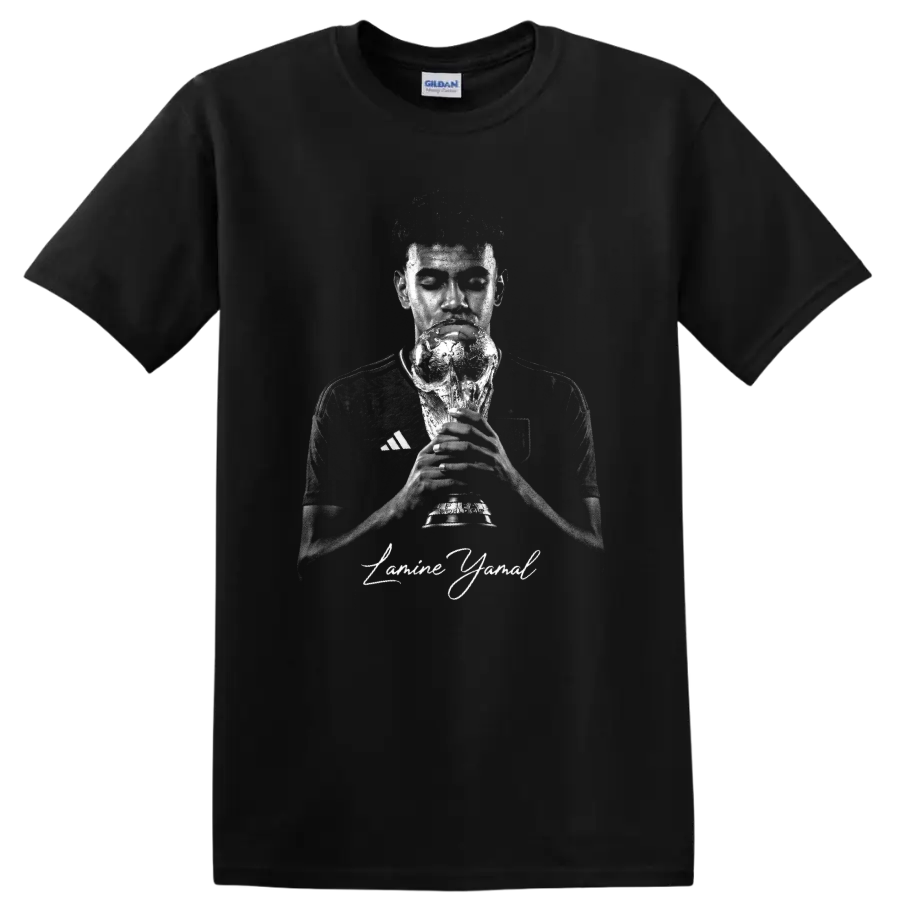 Lamine Yamal holding a championship trophy in distressed monochrome portrait art on a Black T Shirt