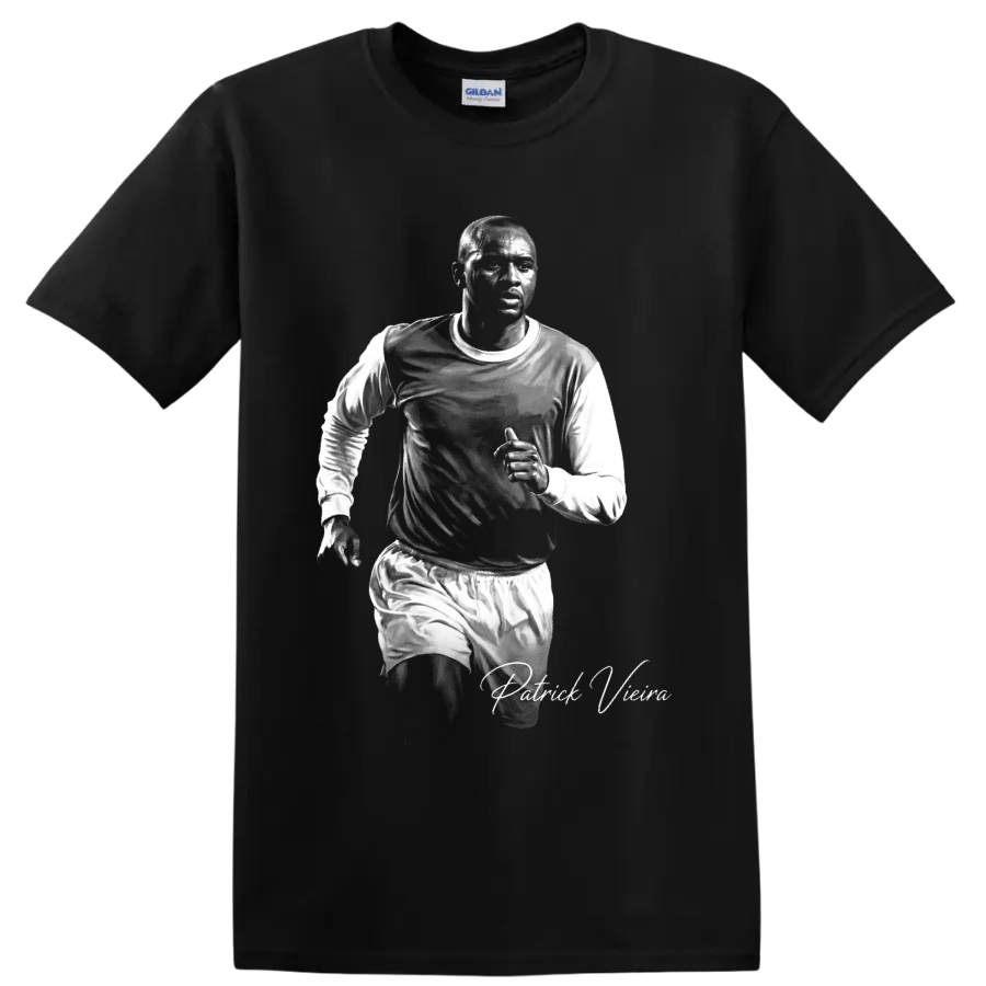 Patrick Vieira running soccer portrait in black-and-white with signature-style lettering on a Black T Shirt